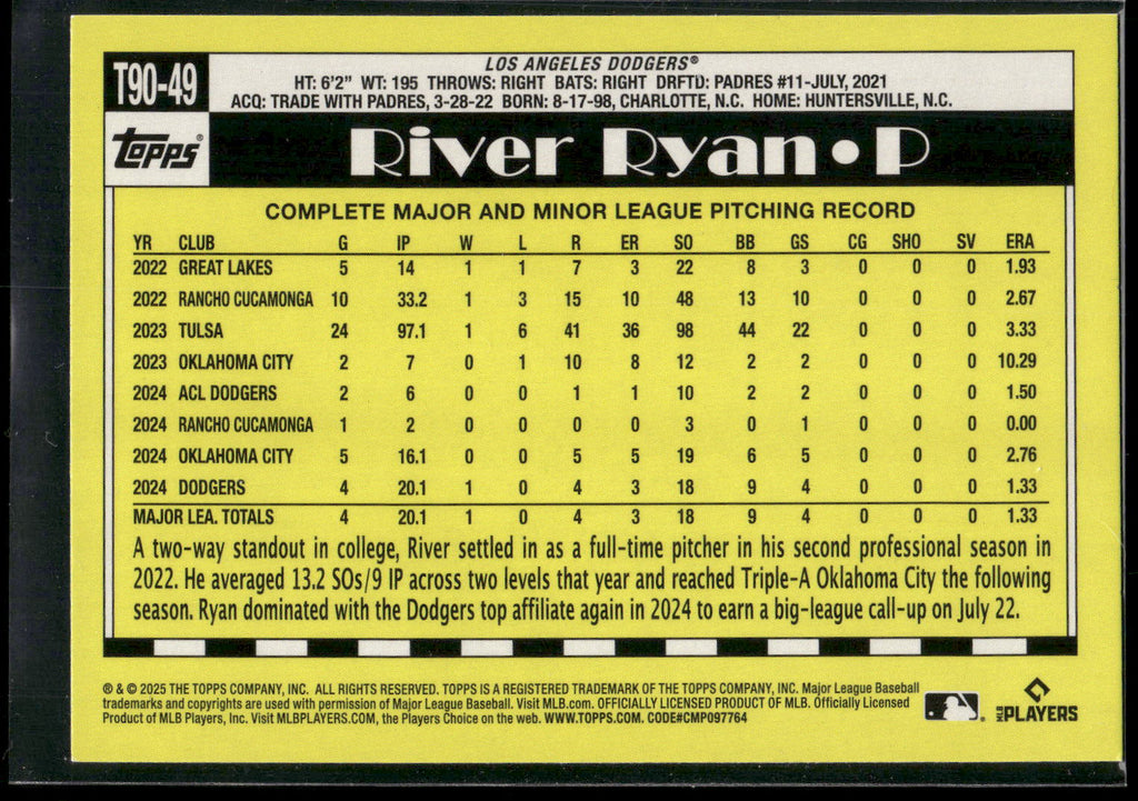 2025 Topps #T90-49 River Ryan 1990 Topps Baseball 35th Anniversary (Series One)