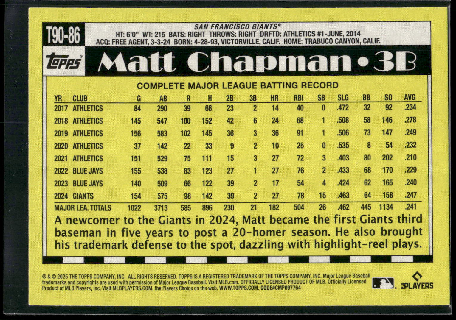 2025 Topps #T90-86 Matt Chapman 1990 Topps Baseball 35th