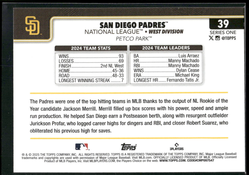 2025 Topps #39 San Diego Padres Pink Diamante Foil