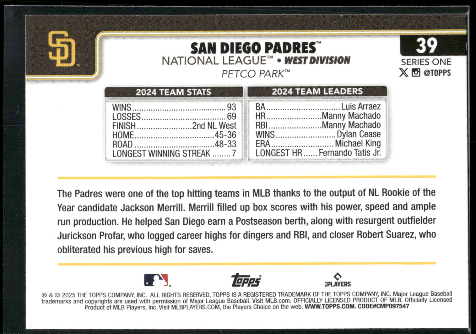 2025 Topps #39 San Diego Padres Pink Diamante Foil