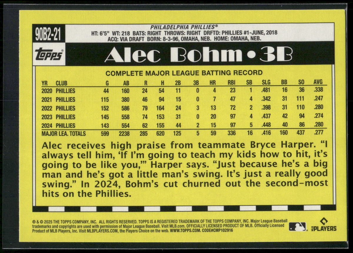 2025 Topps #90B2-21 Alec Bohm 1990 Topps Baseball 35th Anniversary (Series Two)