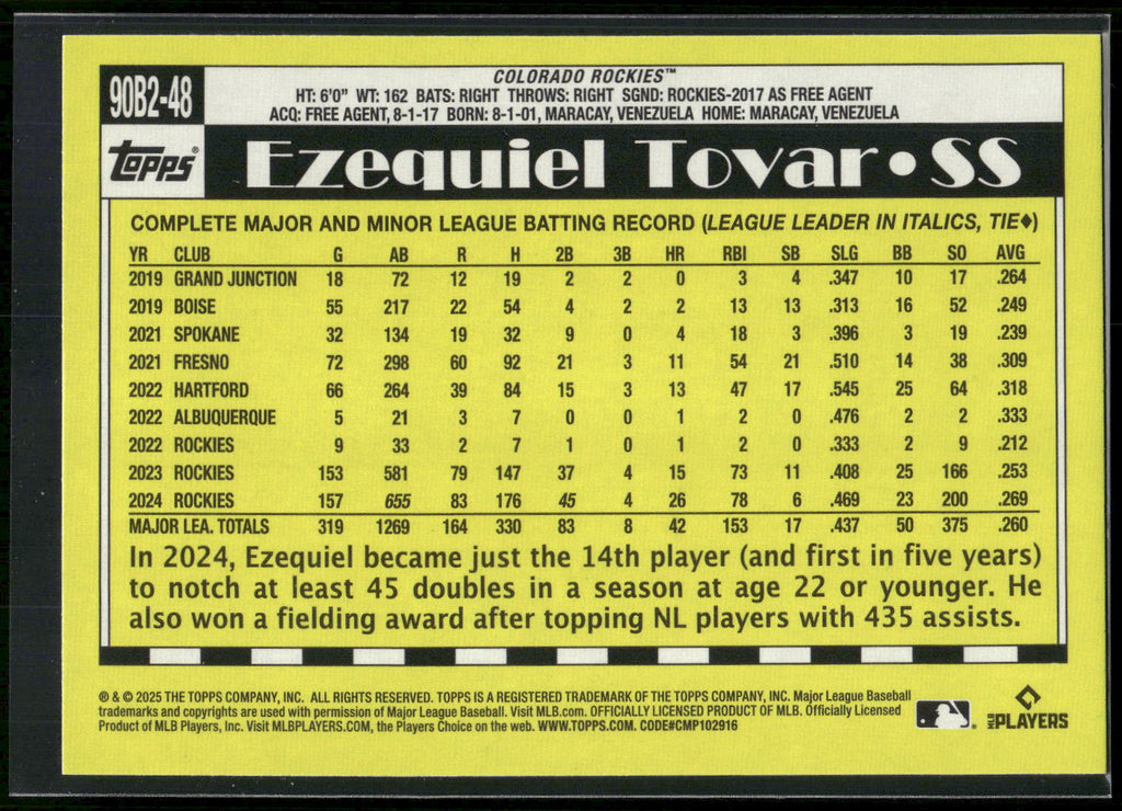 2025 Topps #90B2-48 Ezequiel Tovar 1990 Topps Baseball 35th