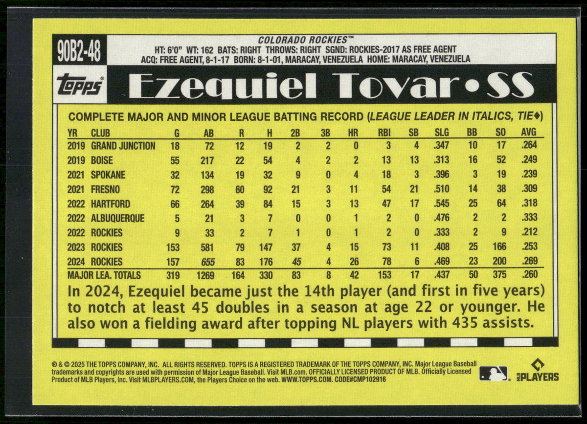 2025 Topps #90B2-48 Ezequiel Tovar 1990 Topps Baseball 35th