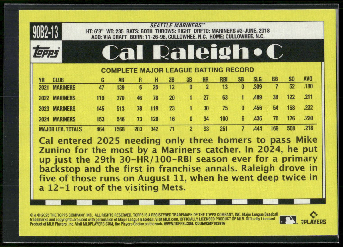 2025 Topps #90B2-13 Cal Raleigh 1990 Topps Baseball 35th