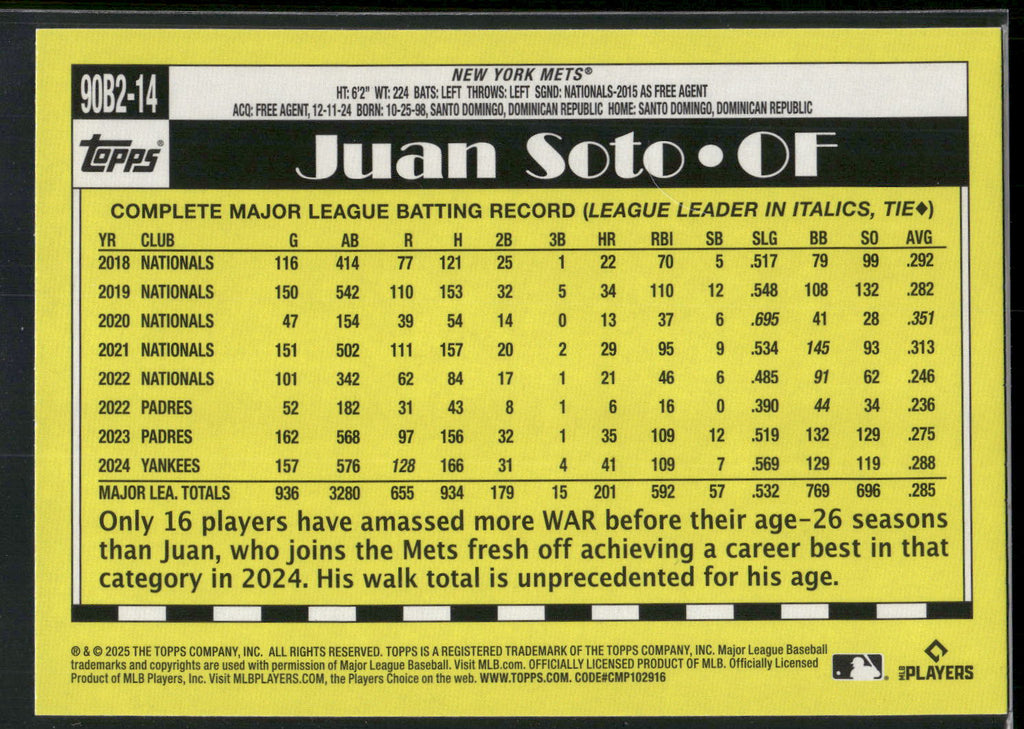 2025 Topps #90B2-14 Juan Soto 1990 Topps Baseball 35th Anniversary (Series Two)