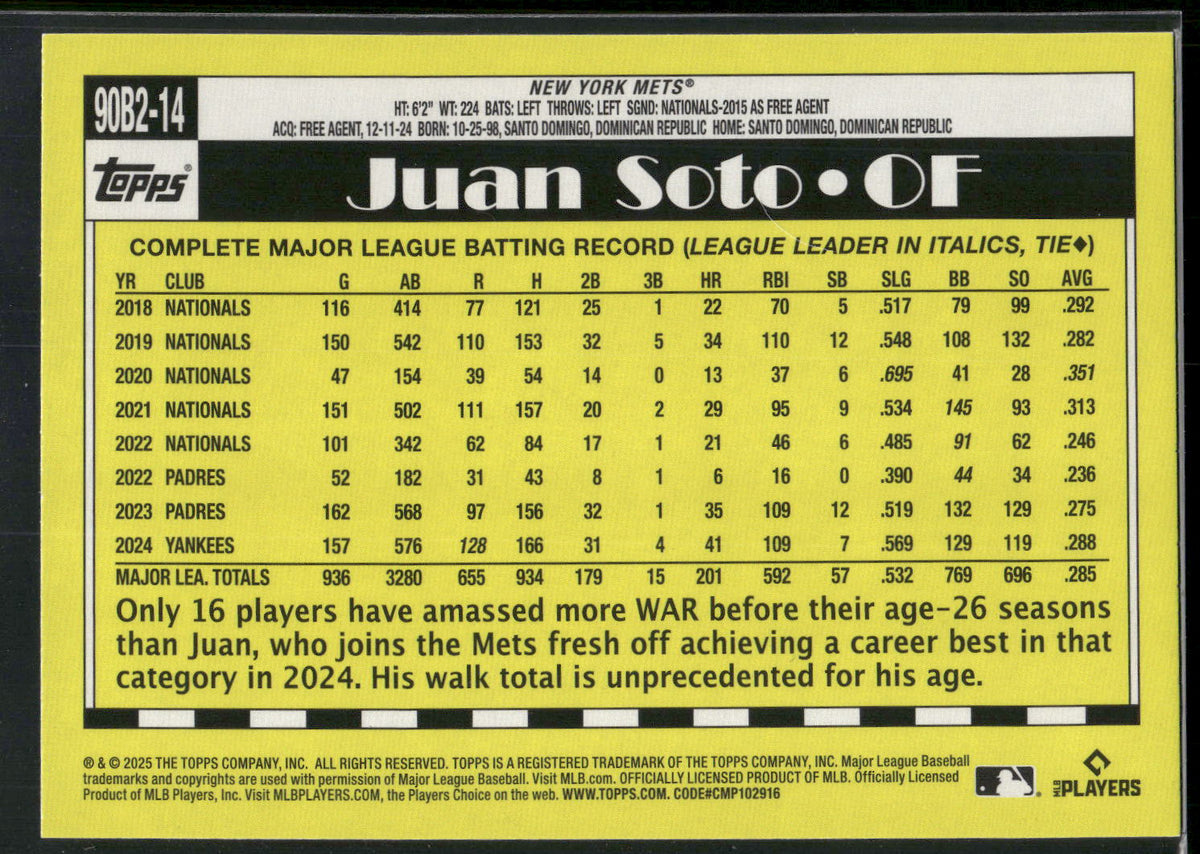 2025 Topps #90B2-14 Juan Soto 1990 Topps Baseball 35th Anniversary (Series Two)
