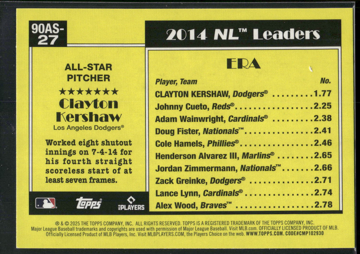 2025 Topps #90AS-27a Clayton Kershaw 1990 Topps Baseball 35th