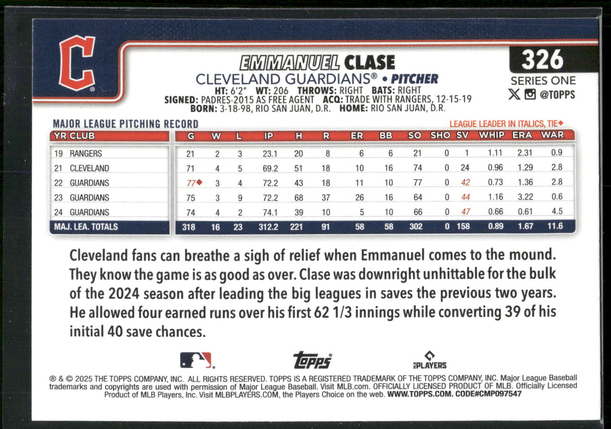 2025 Topps #326 Emmanuel Clase Rainbow Foil