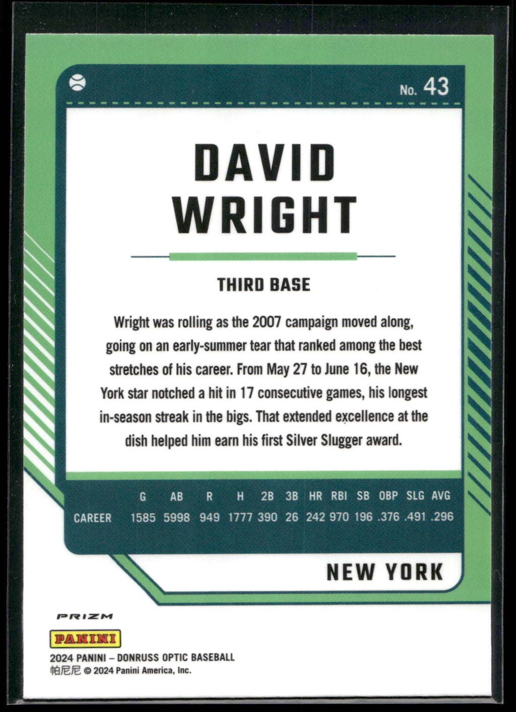 2024 Donruss #43 David Wright Optic Blue Velocity Prizms