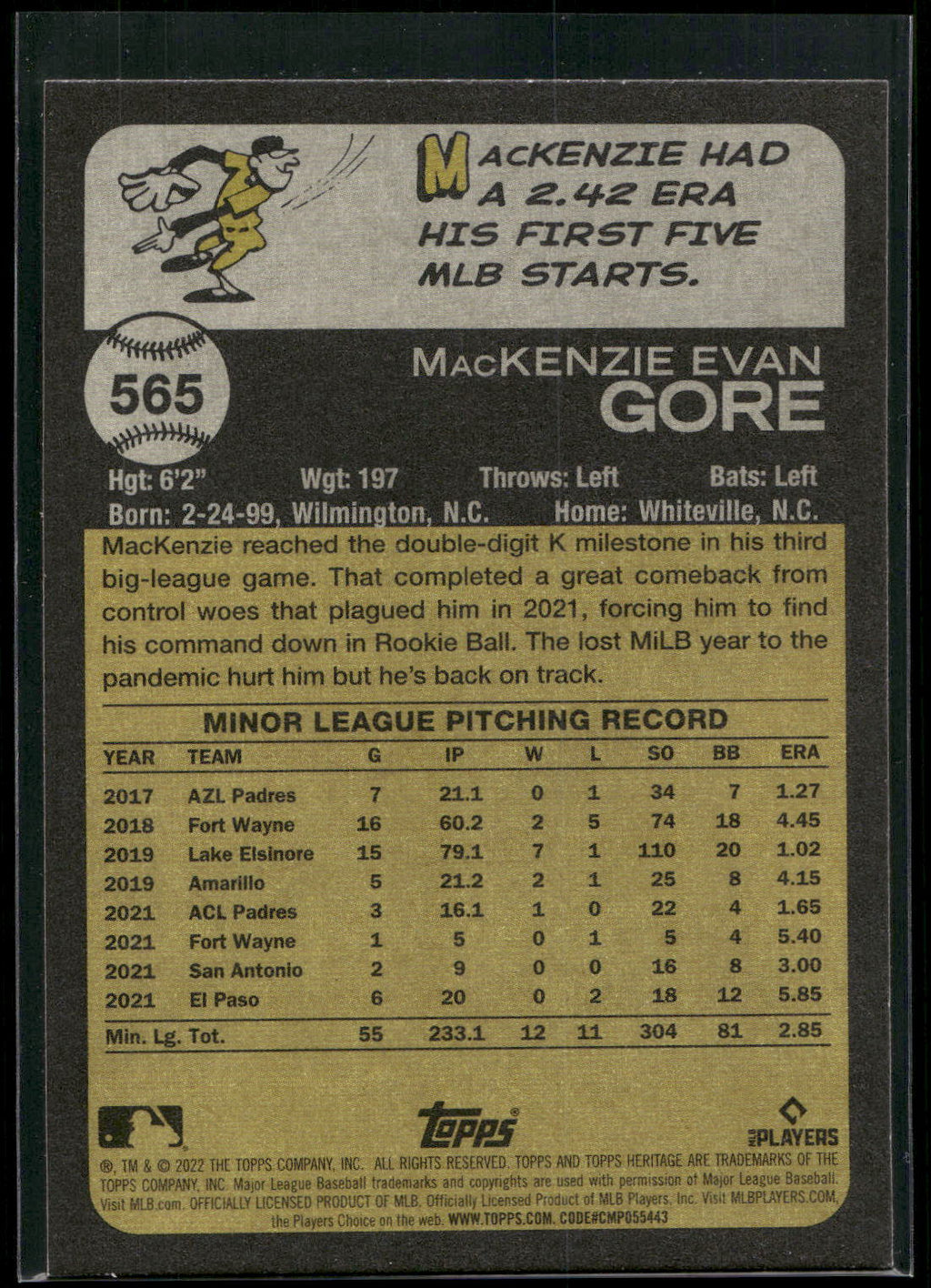 2022 Topps Heritage #565 MacKenzie Gore
