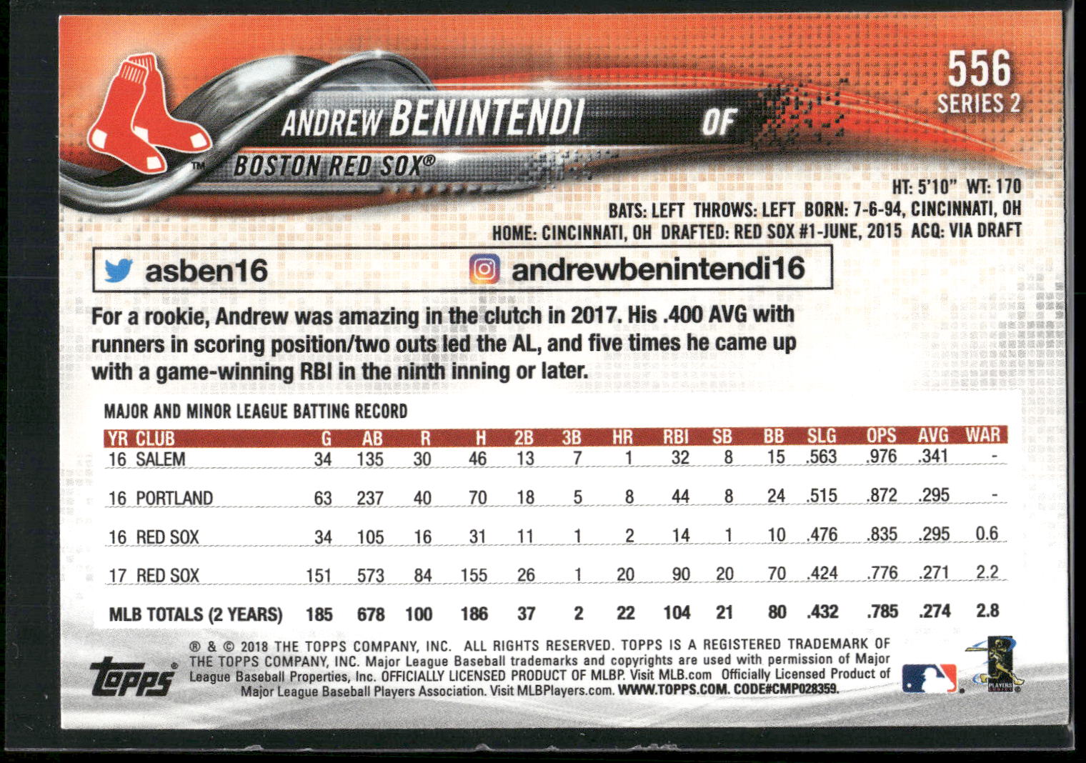 2018 Topps #556 Andrew Benintendi