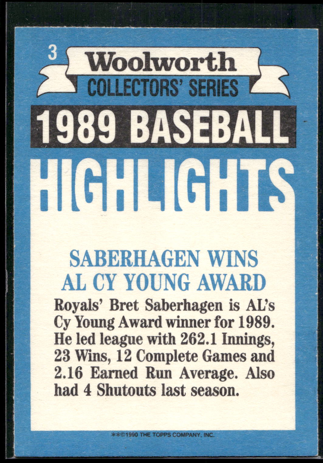 1990 Topps Woolworth Baseball Highlights #3 Bret Saberhagen
