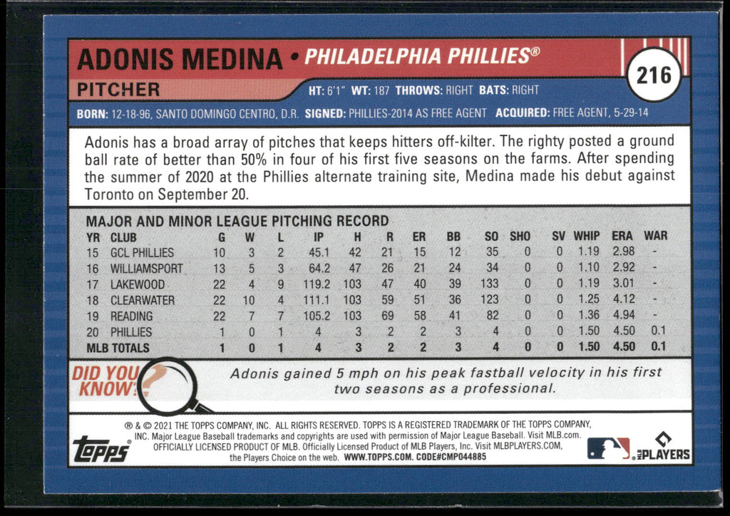 2021 Topps Big League #216 Adonis Medina Electric Blue