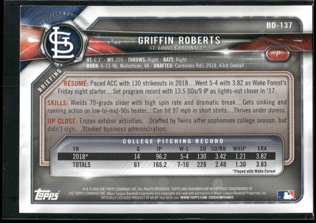2018 Bowman Draft #BD-137 Griffin Roberts