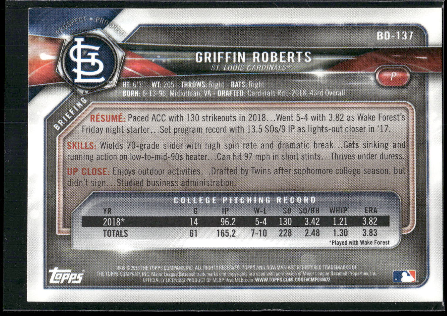 2018 Bowman Draft #BD-137 Griffin Roberts