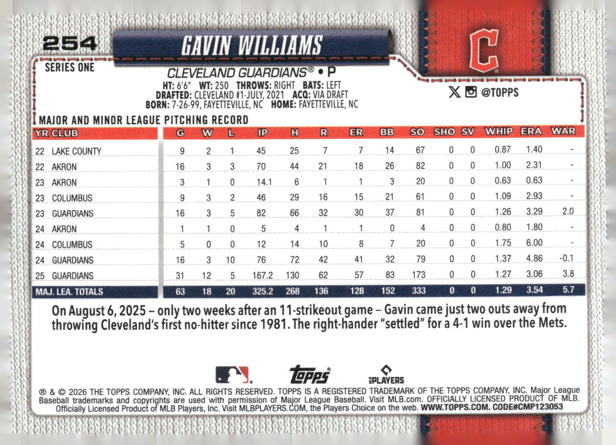 2026 Topps #254 Gavin Williams