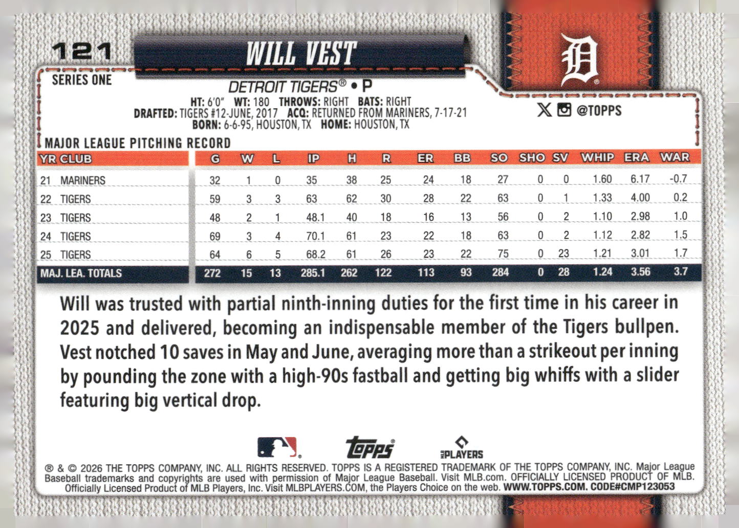 2026 Topps #121 Will Vest