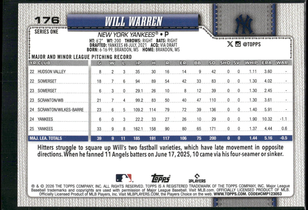 2026 Topps #176 Will Warren