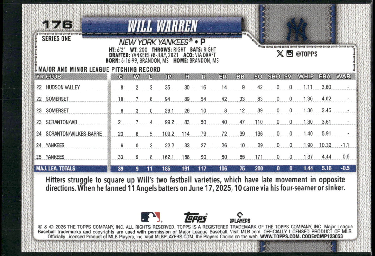 2026 Topps #176 Will Warren