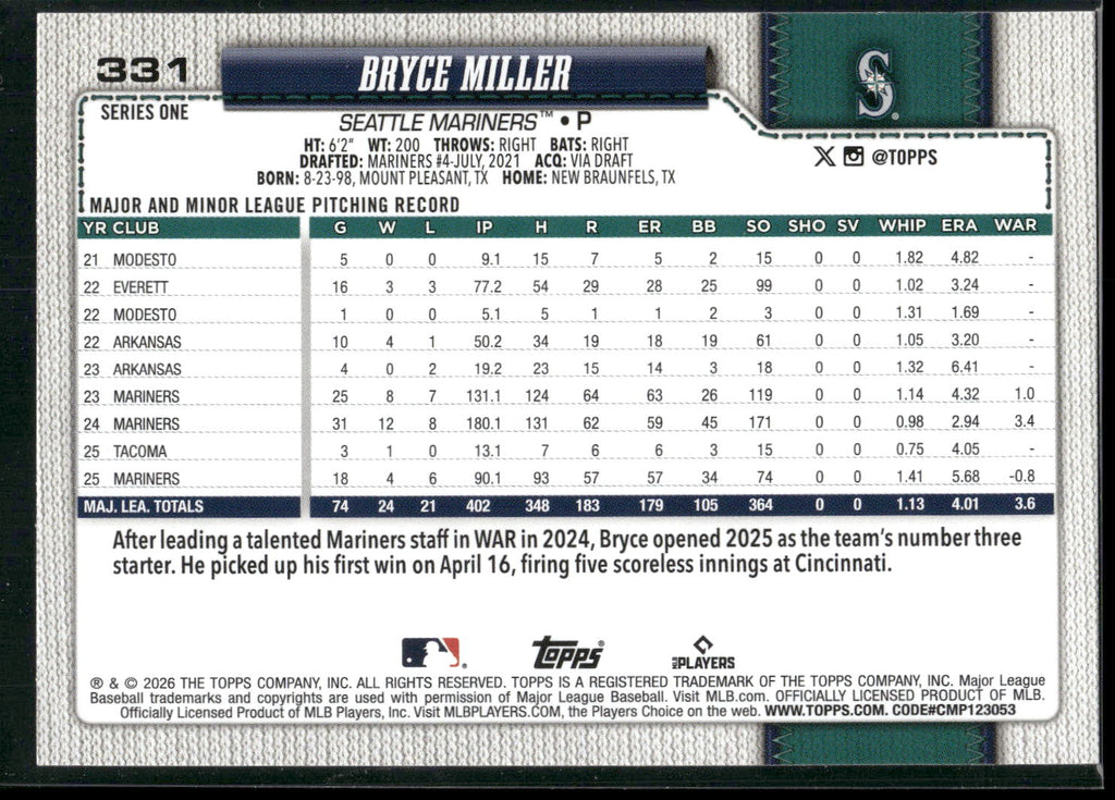 2026 Topps #331 Bryce Miller