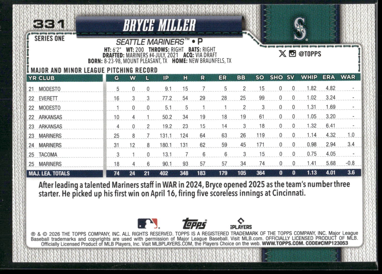 2026 Topps #331 Bryce Miller