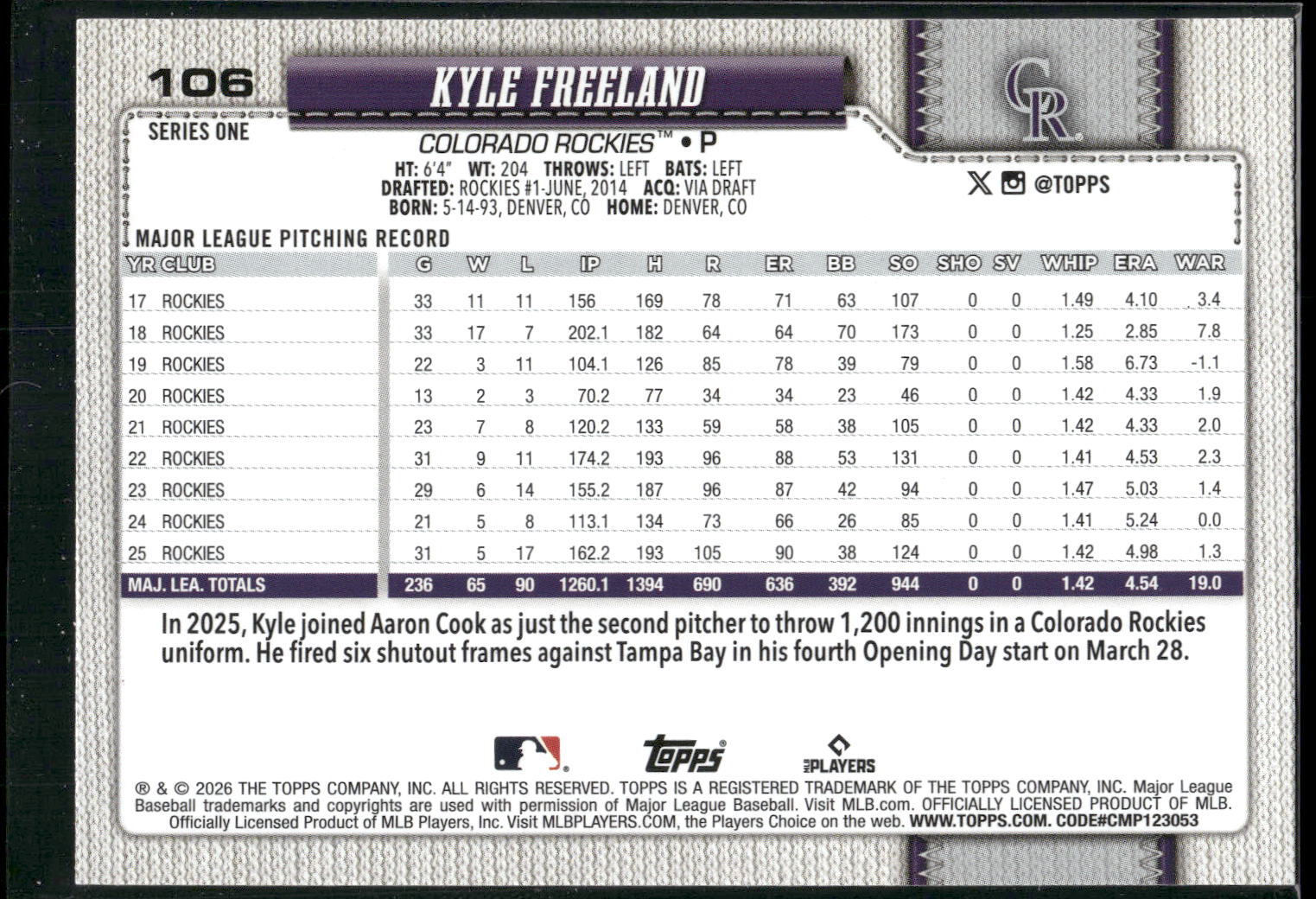 2026 Topps #106 Kyle Freeland