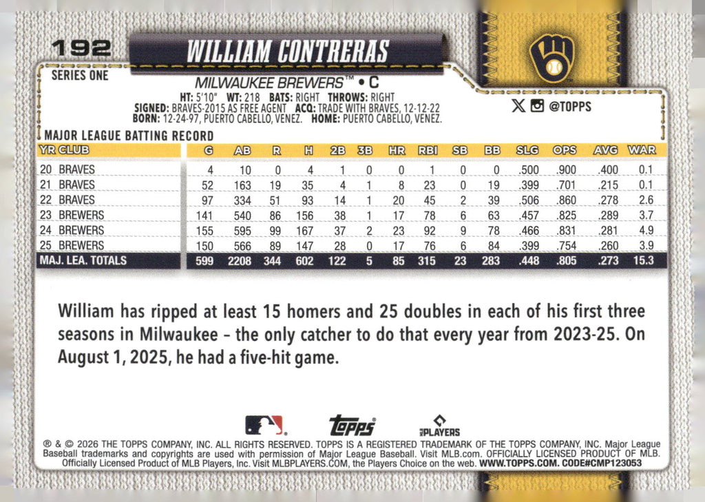 2026 Topps #192 William Contreras