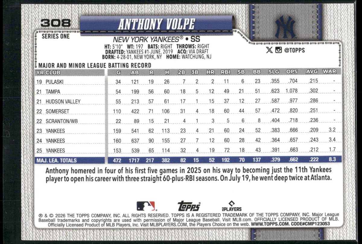 2026 Topps #308 Anthony Volpe