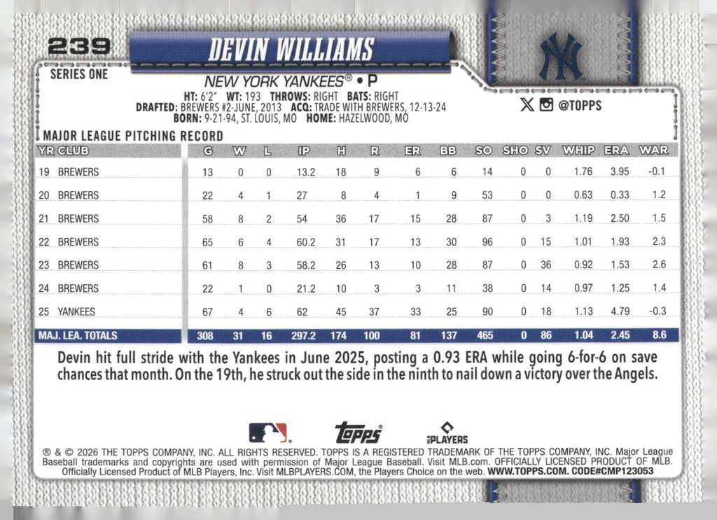 2026 Topps #239 Devin Williams