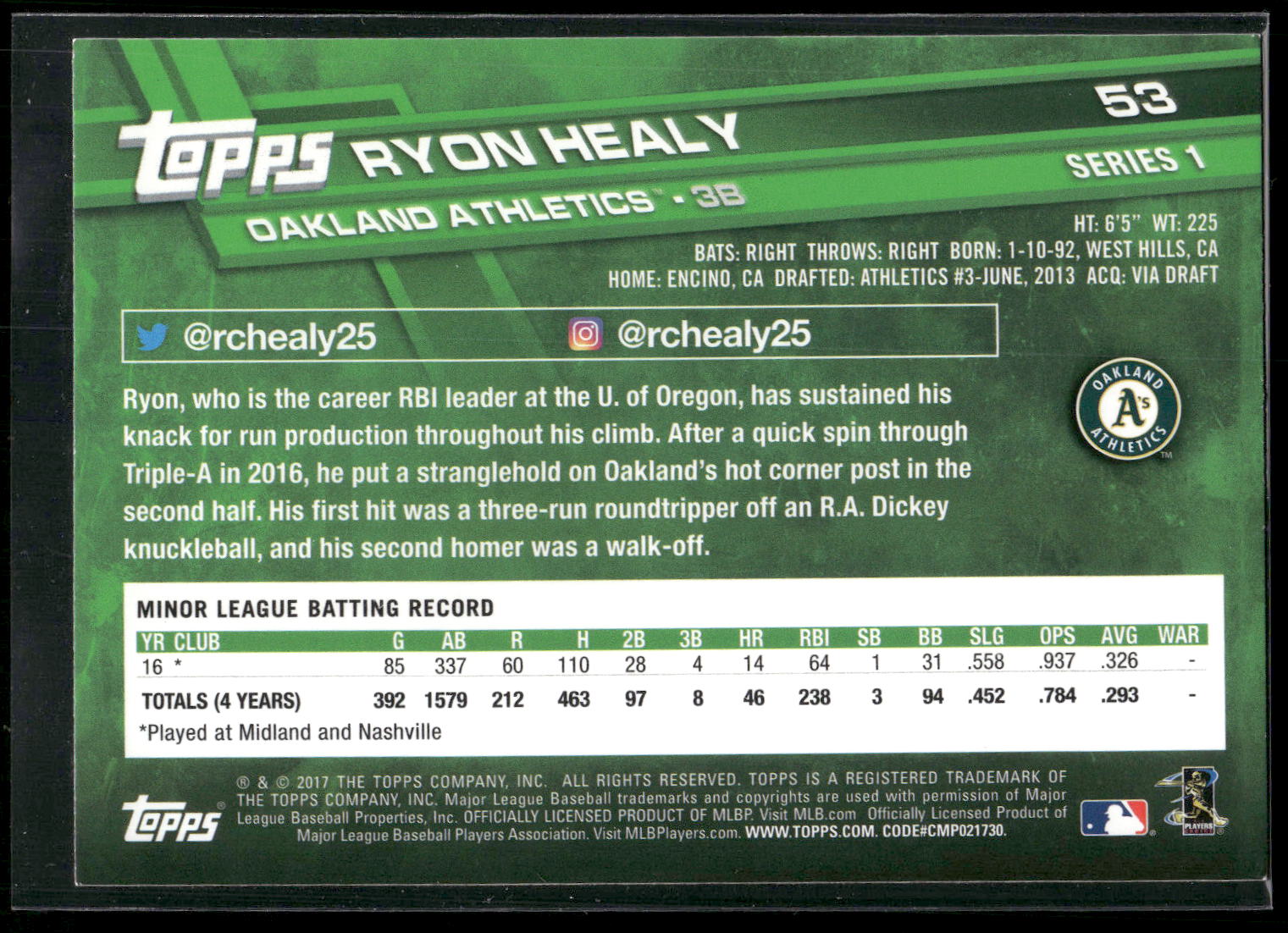 2017 Topps #53 Ryon Healy