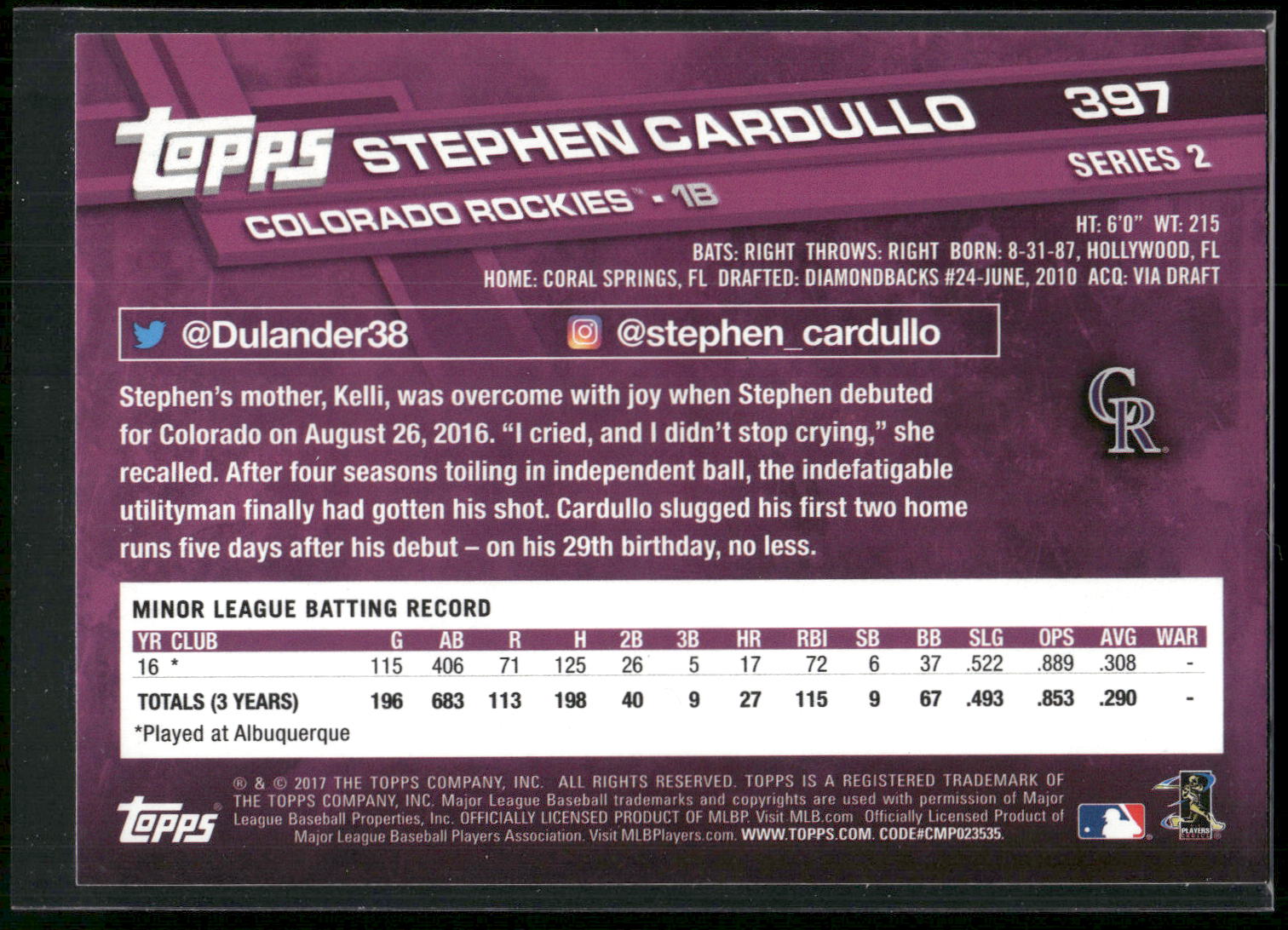 2017 Topps #397 Stephen Cardullo
