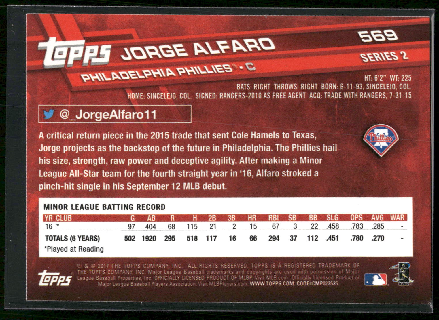 2017 Topps #569 Jorge Alfaro