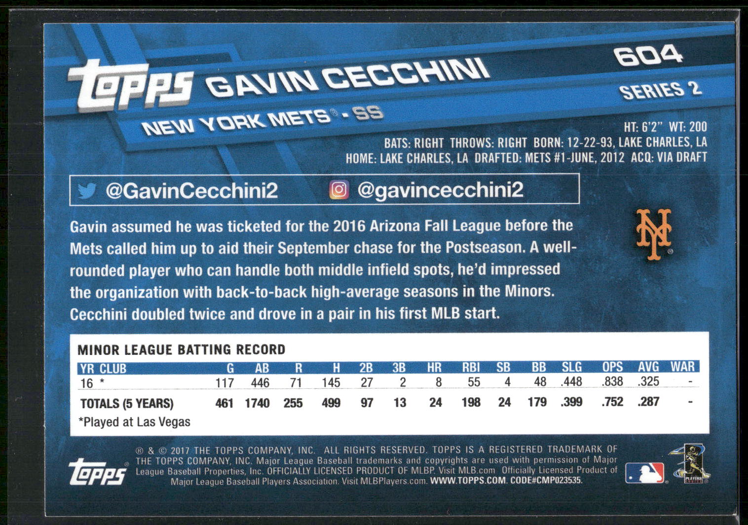 2017 Topps #604 Gavin Cecchini