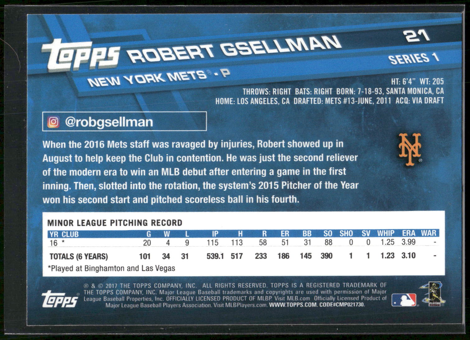 2017 Topps #21 Robert Gsellman