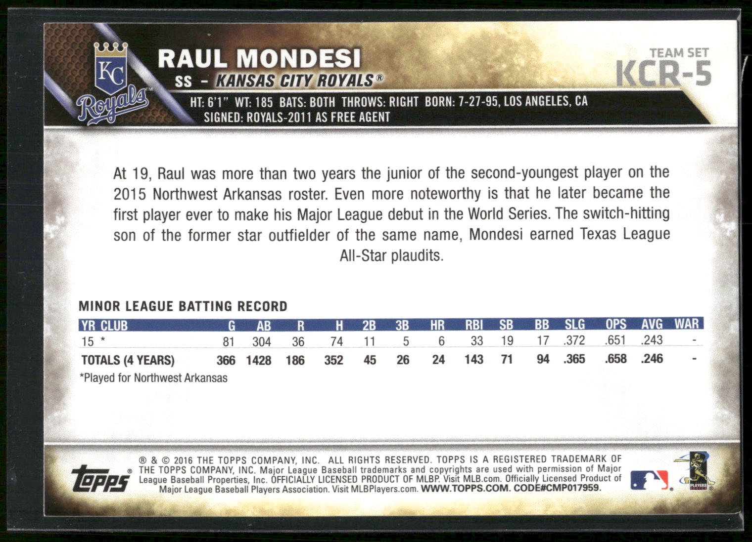 2016 Topps Kansas City Royals #KCR-5 Raul Mondesi Jr.