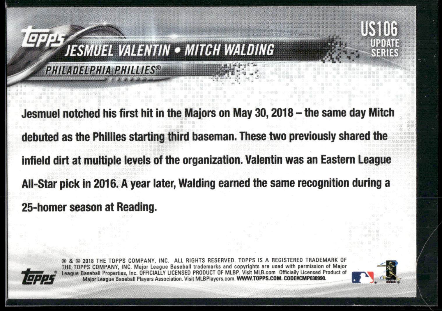 2018 Topps Update #US106 Jesmuel Valentin / Mitch Walding RCOM,