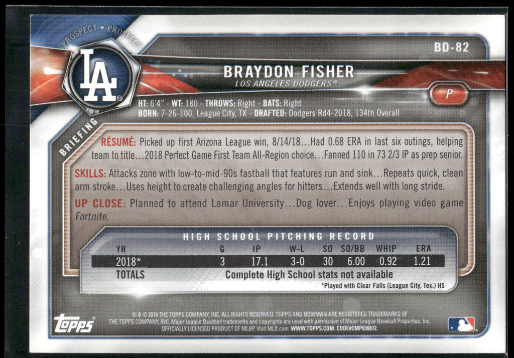 2018 Bowman Draft #BD-82 Braydon Fisher