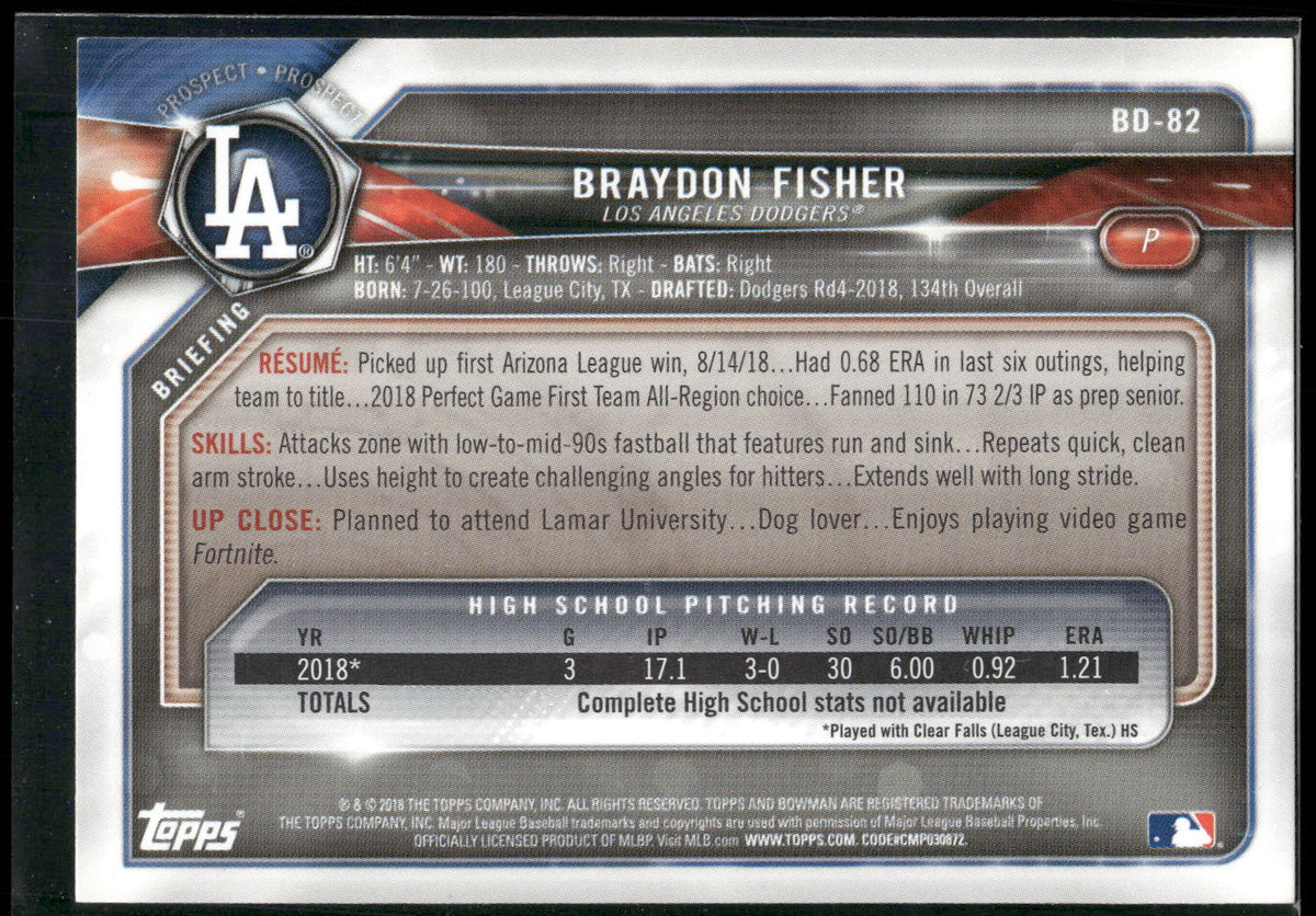 2018 Bowman Draft #BD-82 Braydon Fisher