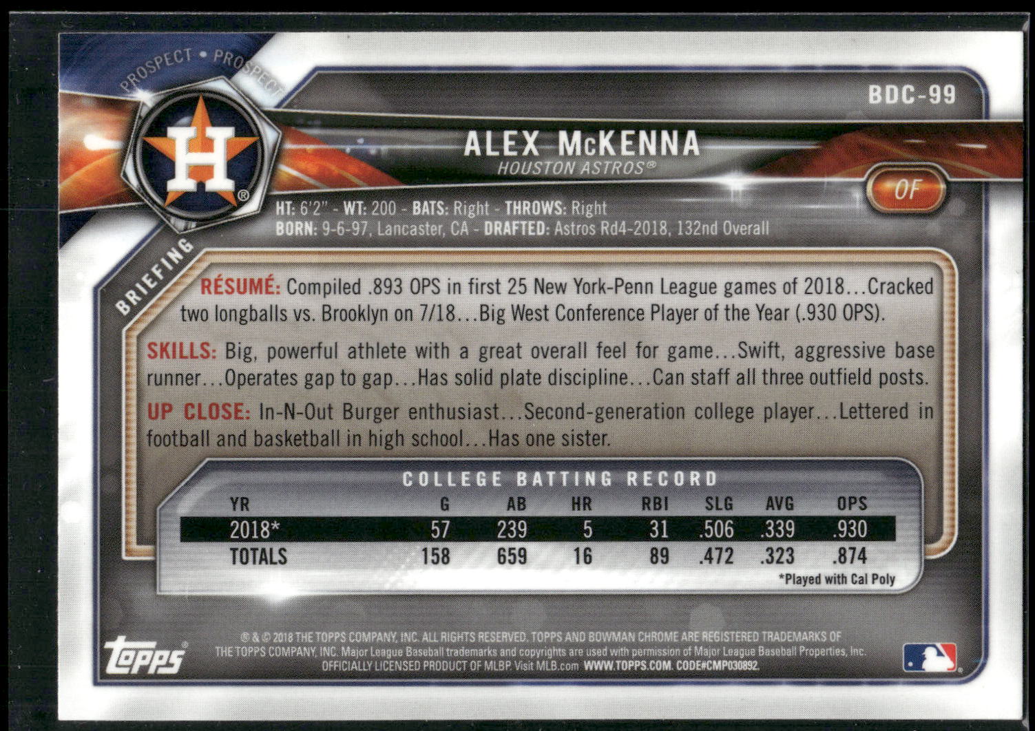 2018 Bowman Draft #BDC-99 Alex McKenna Chrome