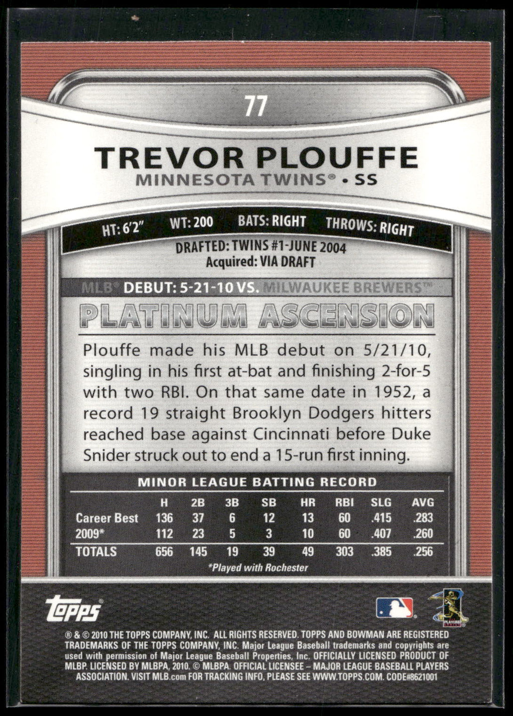 2010 Bowman Platinum #77 Trevor Plouffe