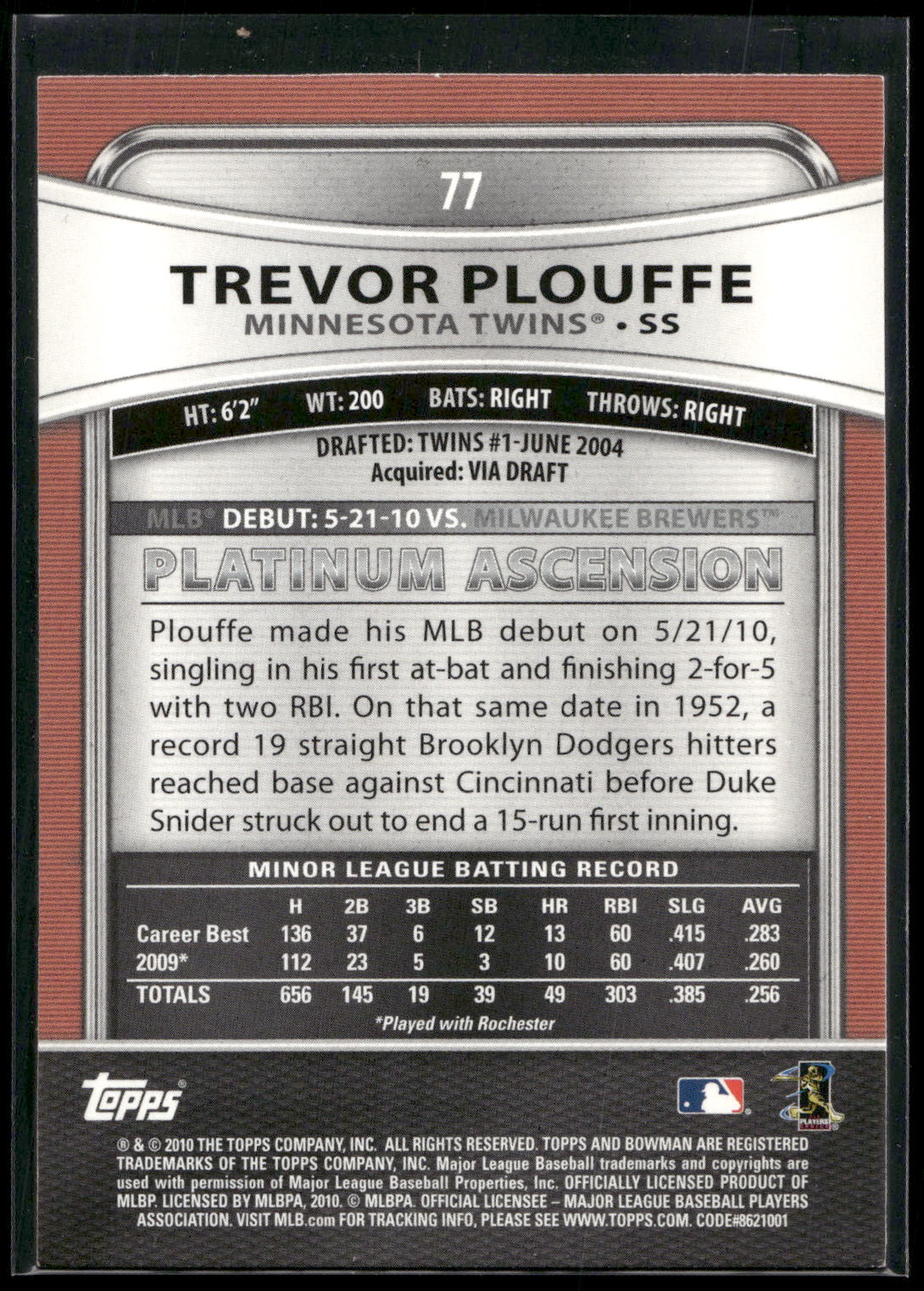 2010 Bowman Platinum #77 Trevor Plouffe