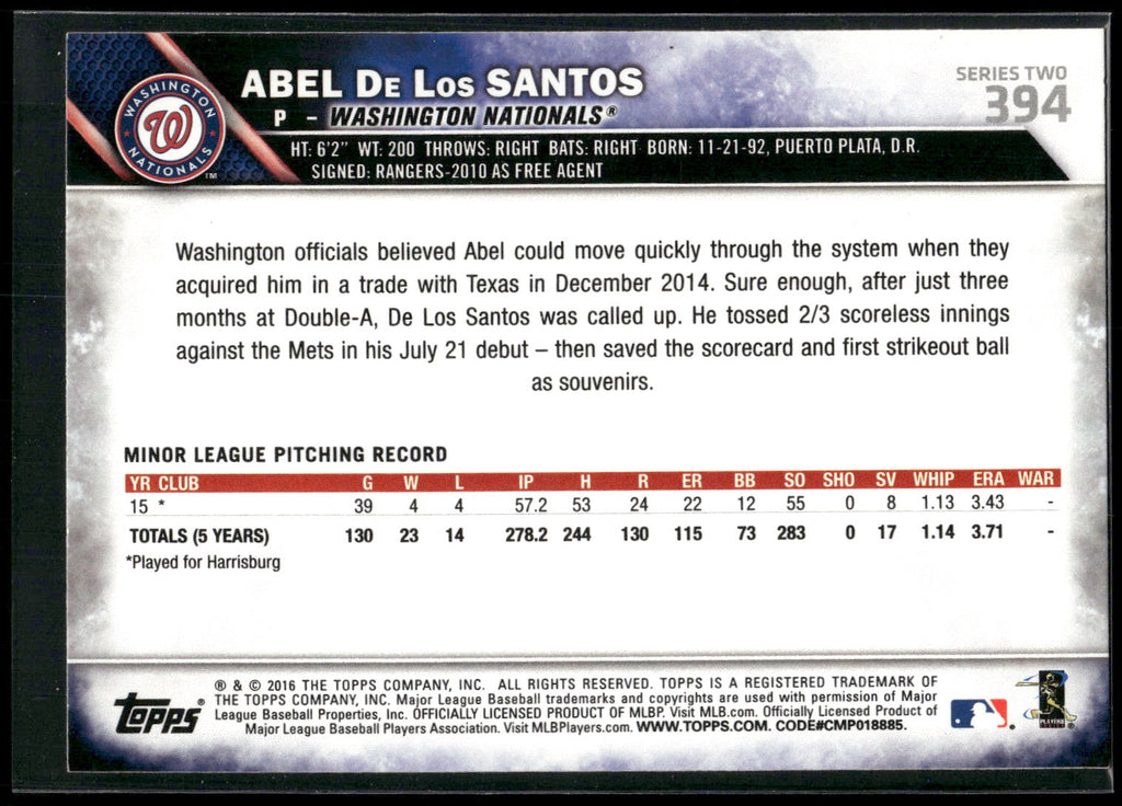 2016 Topps #394 Abel De Los Santos