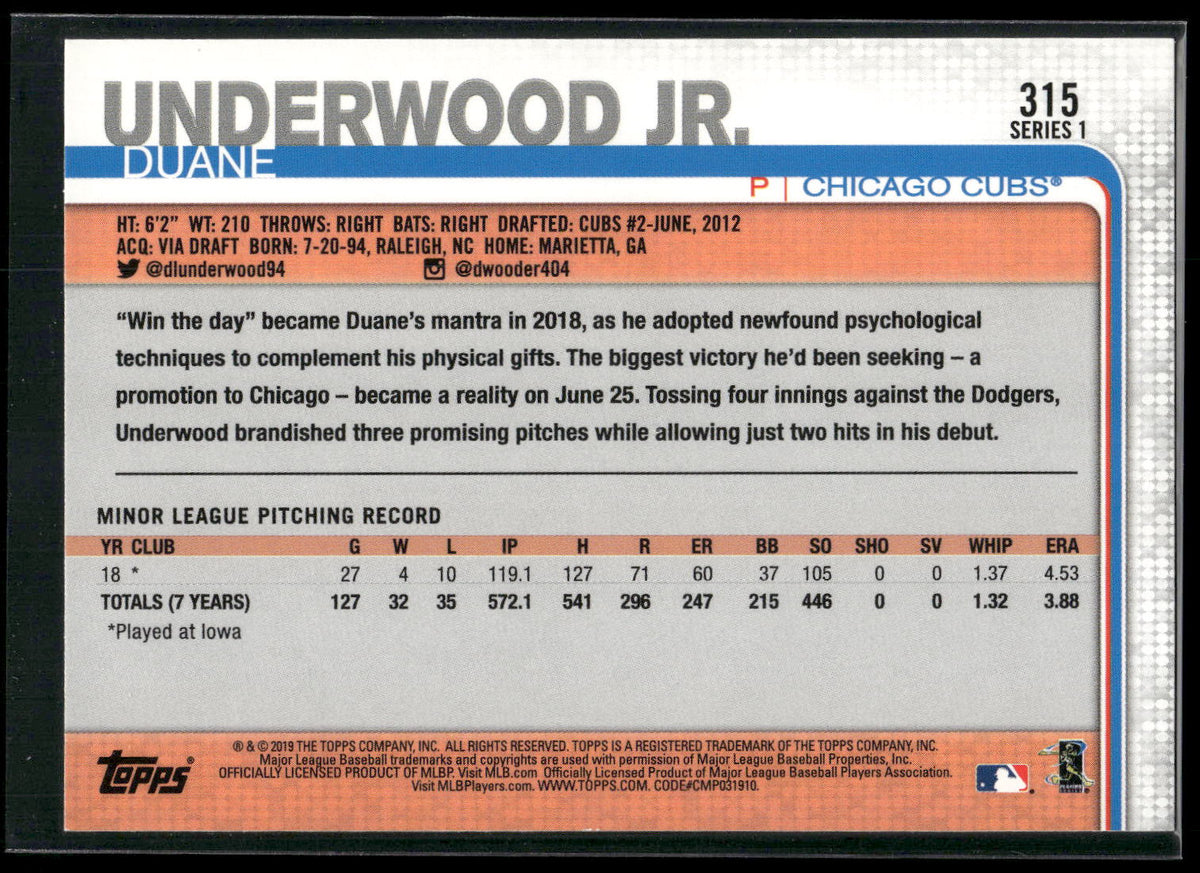 2019 Topps #315 Duane Underwood Jr.
