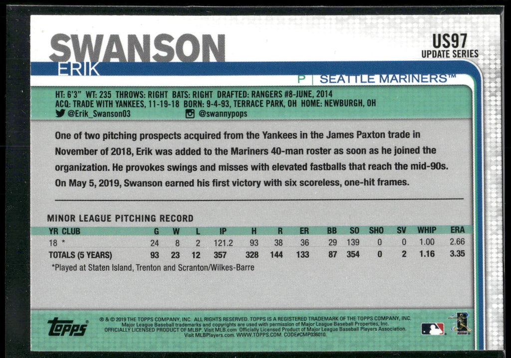 2019 Topps Update #US97 Erik Swanson
