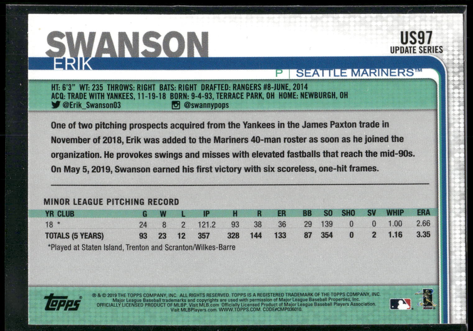 2019 Topps Update #US97 Erik Swanson