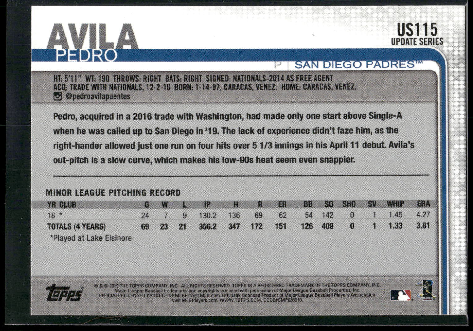 2019 Topps Update #US115 Pedro Avila