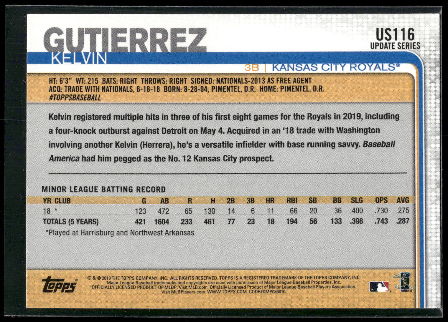 2019 Topps Update #US116 Kelvin Gutierrez