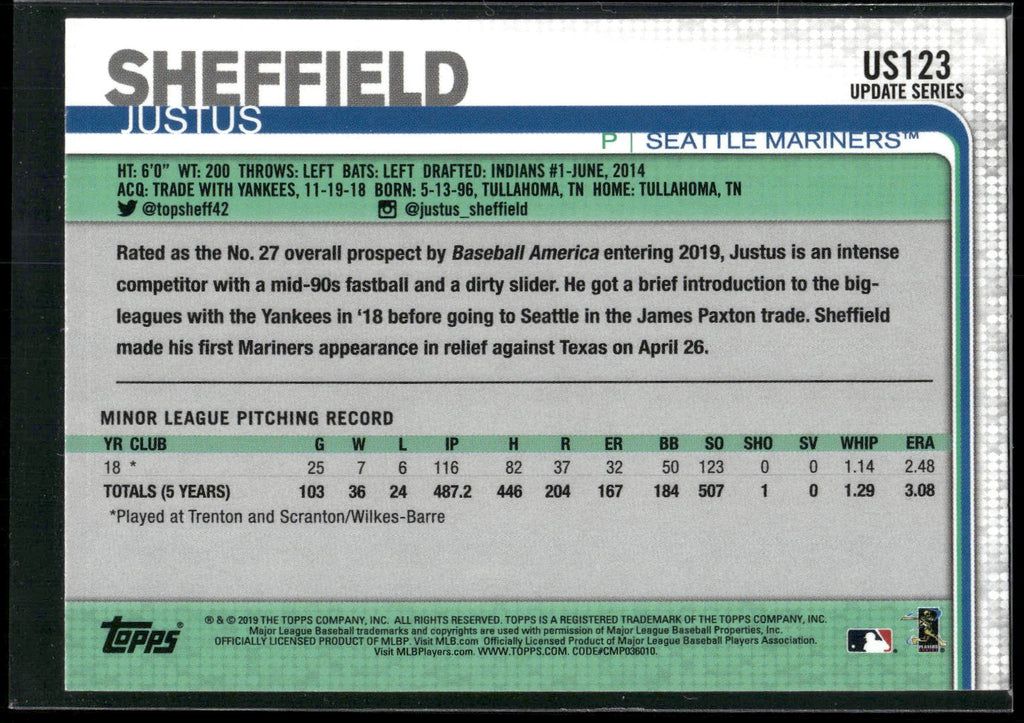 2019 Topps Update #US123 Justus Sheffield