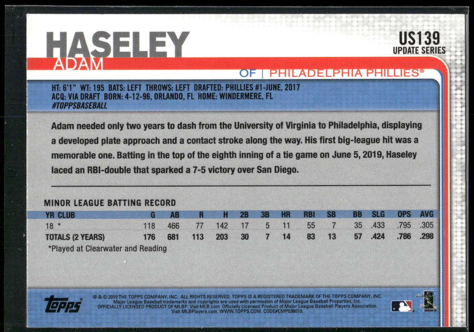 2019 Topps Update #US139 Adam Haseley