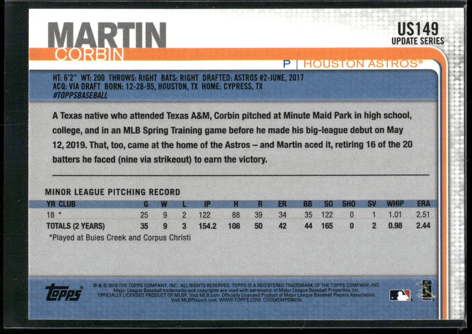 2019 Topps Update #US149 Corbin Martin